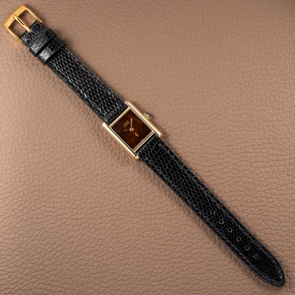 Cartier Tank Must de ‘Turtle Shell’ Brown Wood Dial Vermeil PM from 1980s