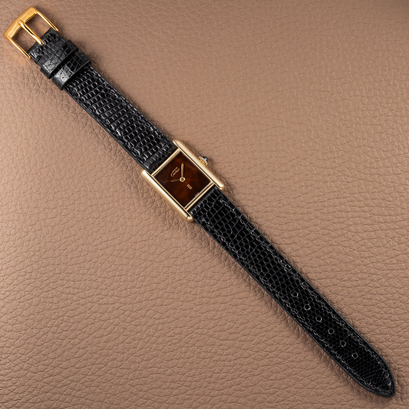 Cartier Tank Must de ‘Turtle Shell’ Brown Wood Dial Vermeil PM from 1980s