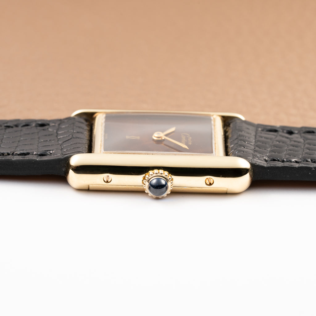 Cartier Tank Must de ‘Turtle Shell’ Brown Wood Dial Vermeil PM from 1980s