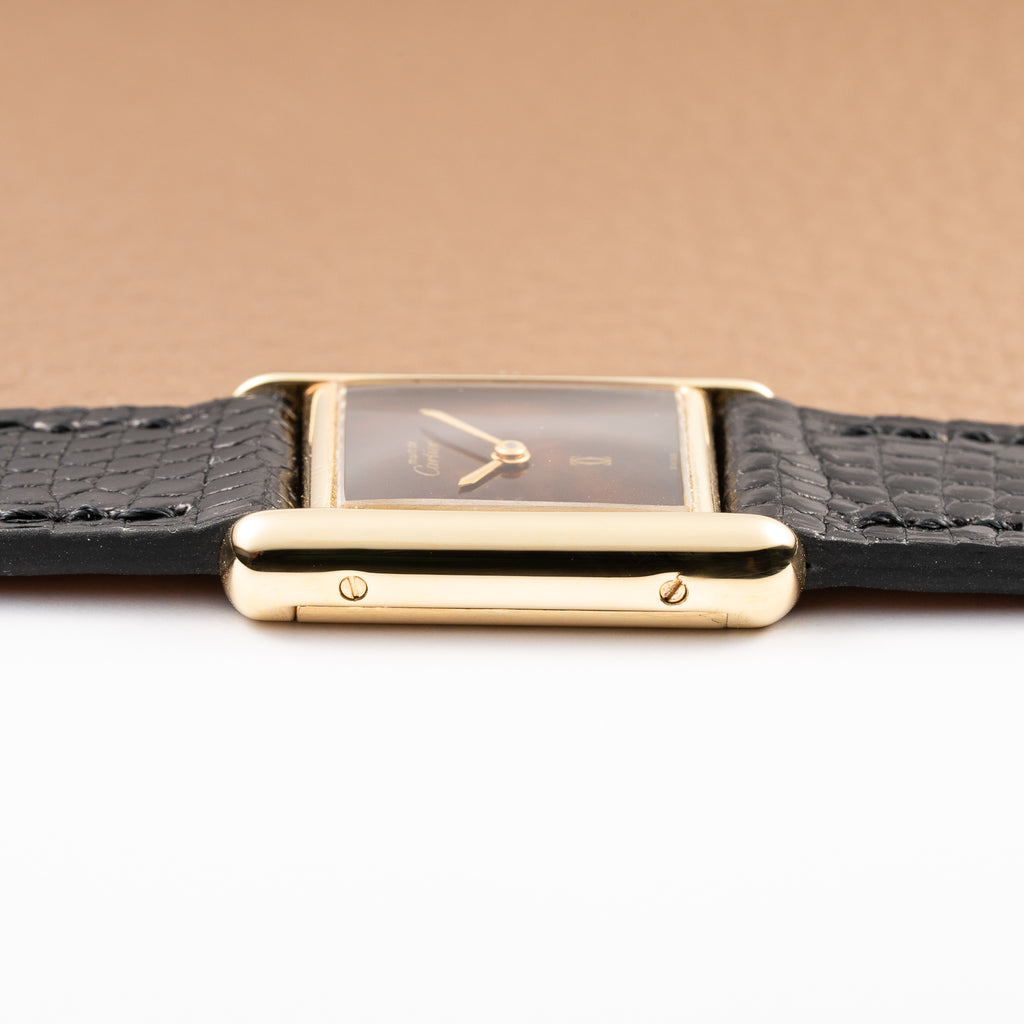 Cartier Tank Must de ‘Turtle Shell’ Brown Wood Dial Vermeil PM from 1980s
