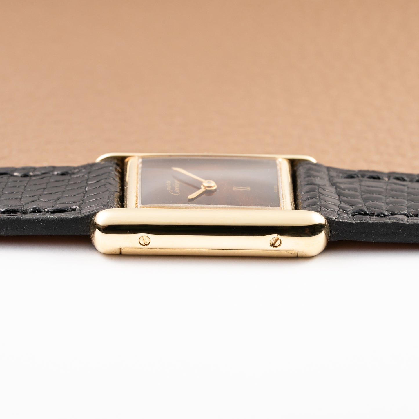 Cartier Tank Must de ‘Turtle Shell’ Brown Wood Dial Vermeil PM from 1980s