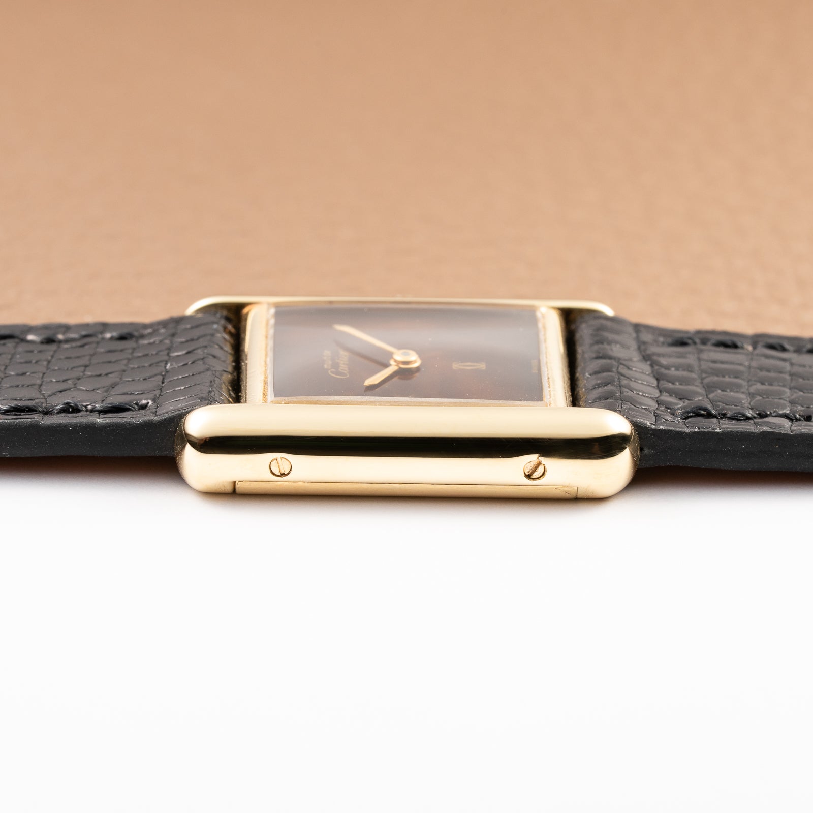 Cartier Tank Must de ‘Turtle Shell’ Brown Wood Dial Vermeil PM from 1980s