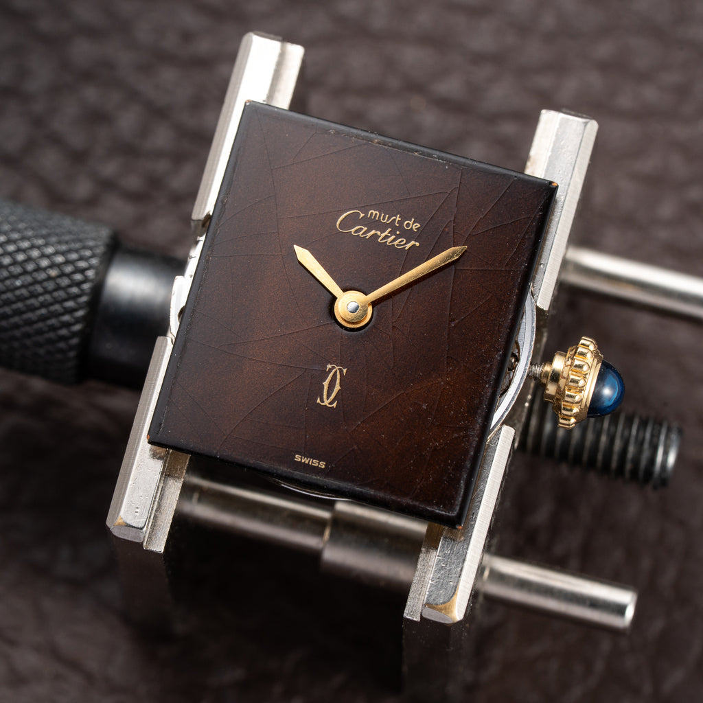 Cartier Tank Must de ‘Turtle Shell’ Brown Wood Dial Vermeil PM from 1980s