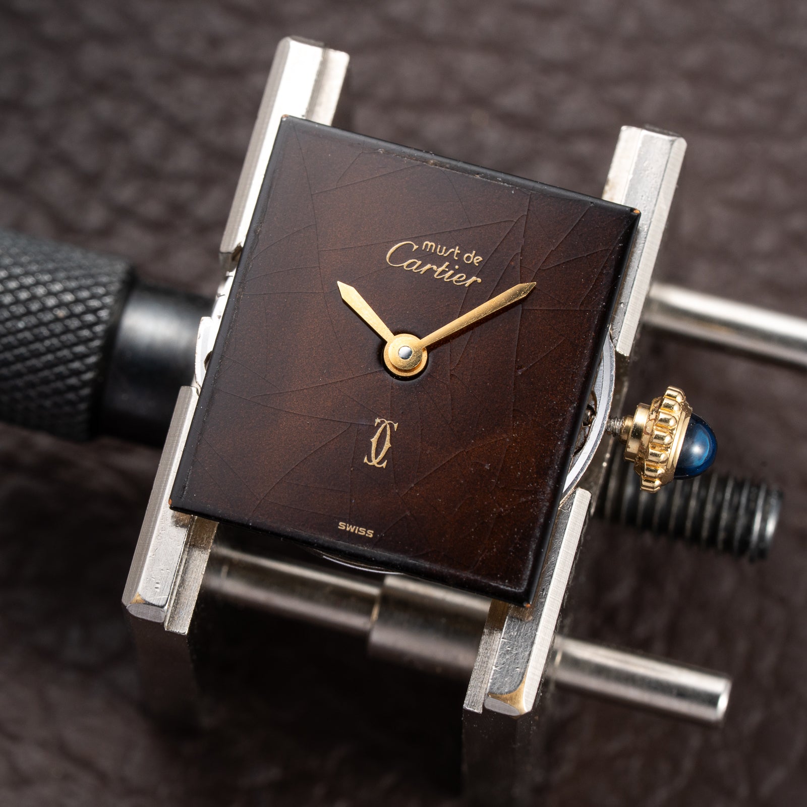 Cartier Tank Must de ‘Turtle Shell’ Brown Wood Dial Vermeil PM from 1980s