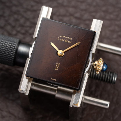 Cartier Tank Must de ‘Turtle Shell’ Brown Wood Dial Vermeil PM from 1980s