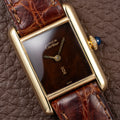 Cartier Tank Must de ‘Turtle Shell’ Brown Wood Dial Vermeil PM from 1980s
