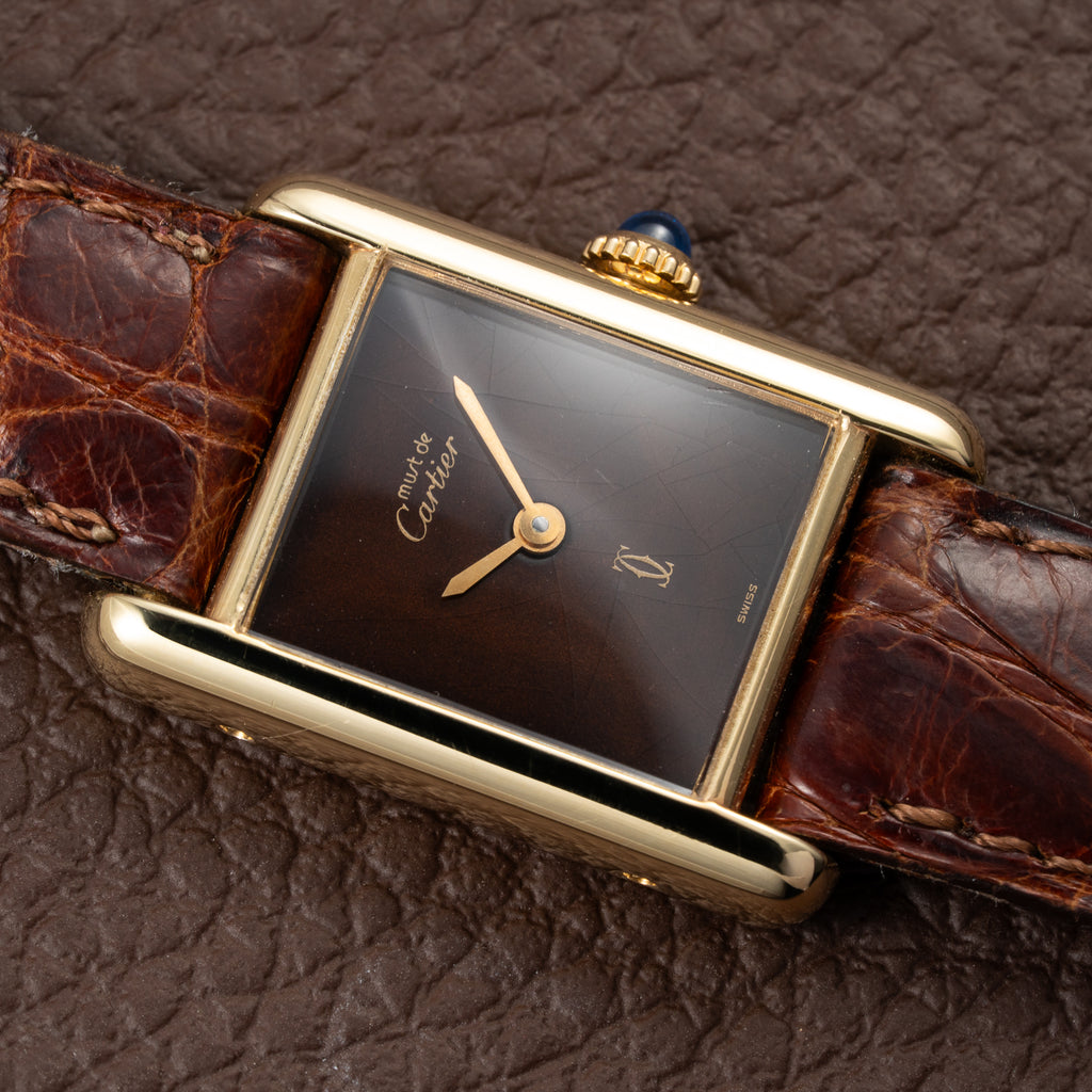 Cartier Tank Must de ‘Turtle Shell’ Brown Wood Dial Vermeil PM from 1980s