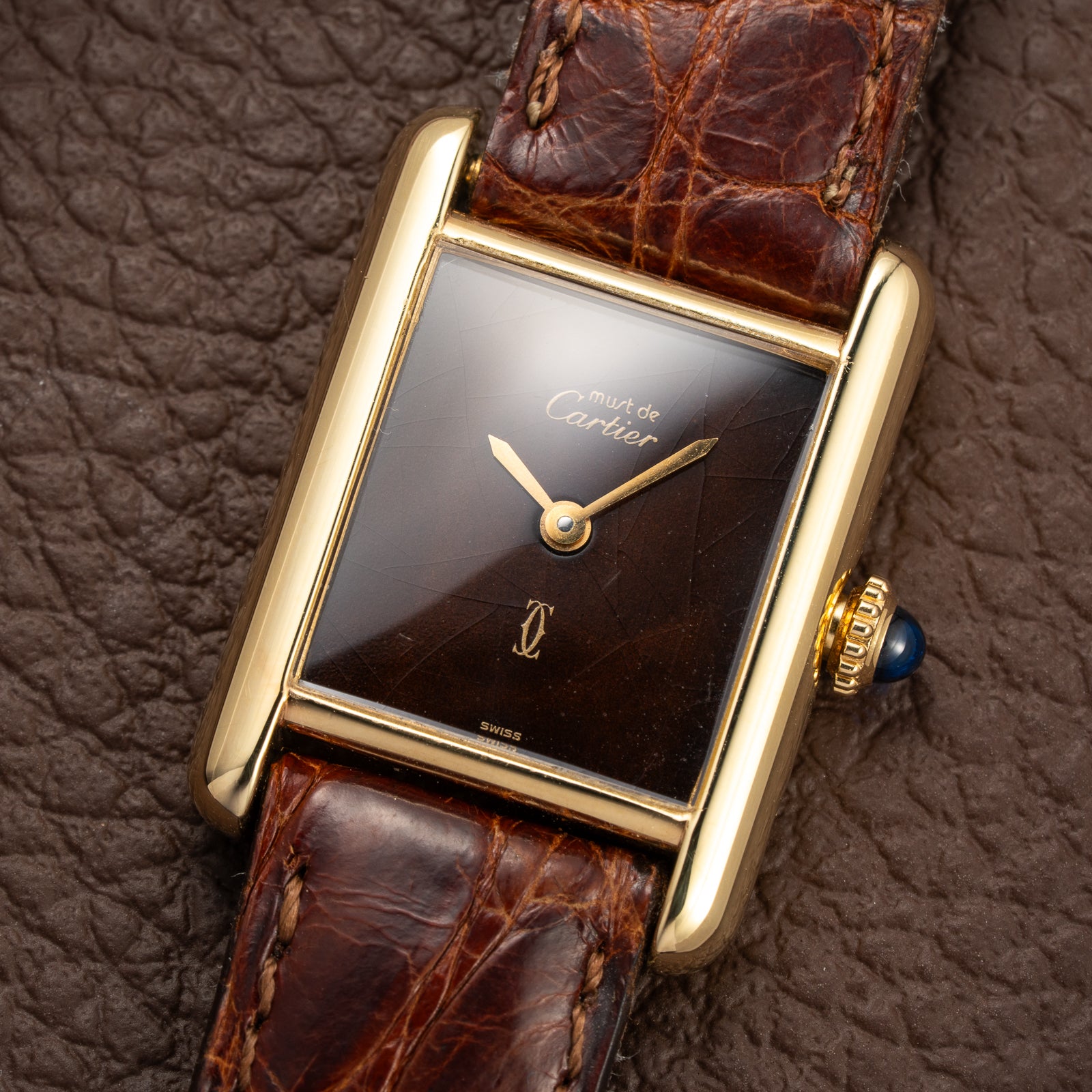 Cartier Tank Must de ‘Turtle Shell’ Brown Wood Dial Vermeil PM from 1980s