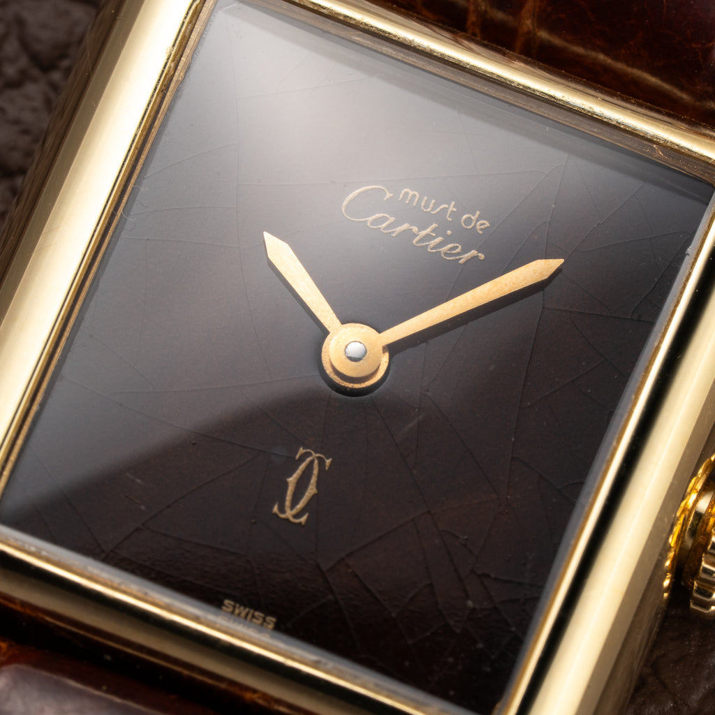 Cartier Tank Must de ‘Turtle Shell’ Brown Wood Dial Vermeil PM from 1980s