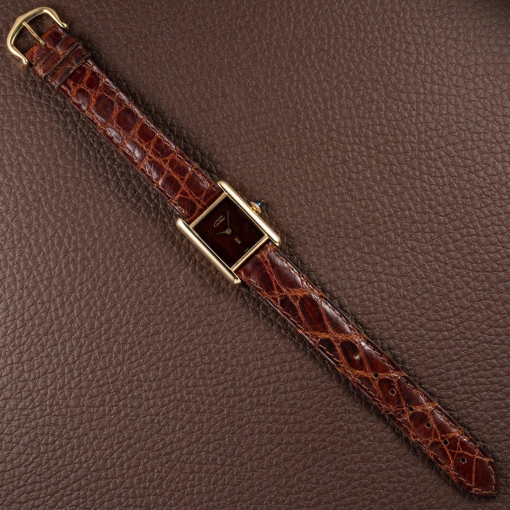 Cartier Tank Must de ‘Turtle Shell’ Brown Wood Dial Vermeil PM from 1980s