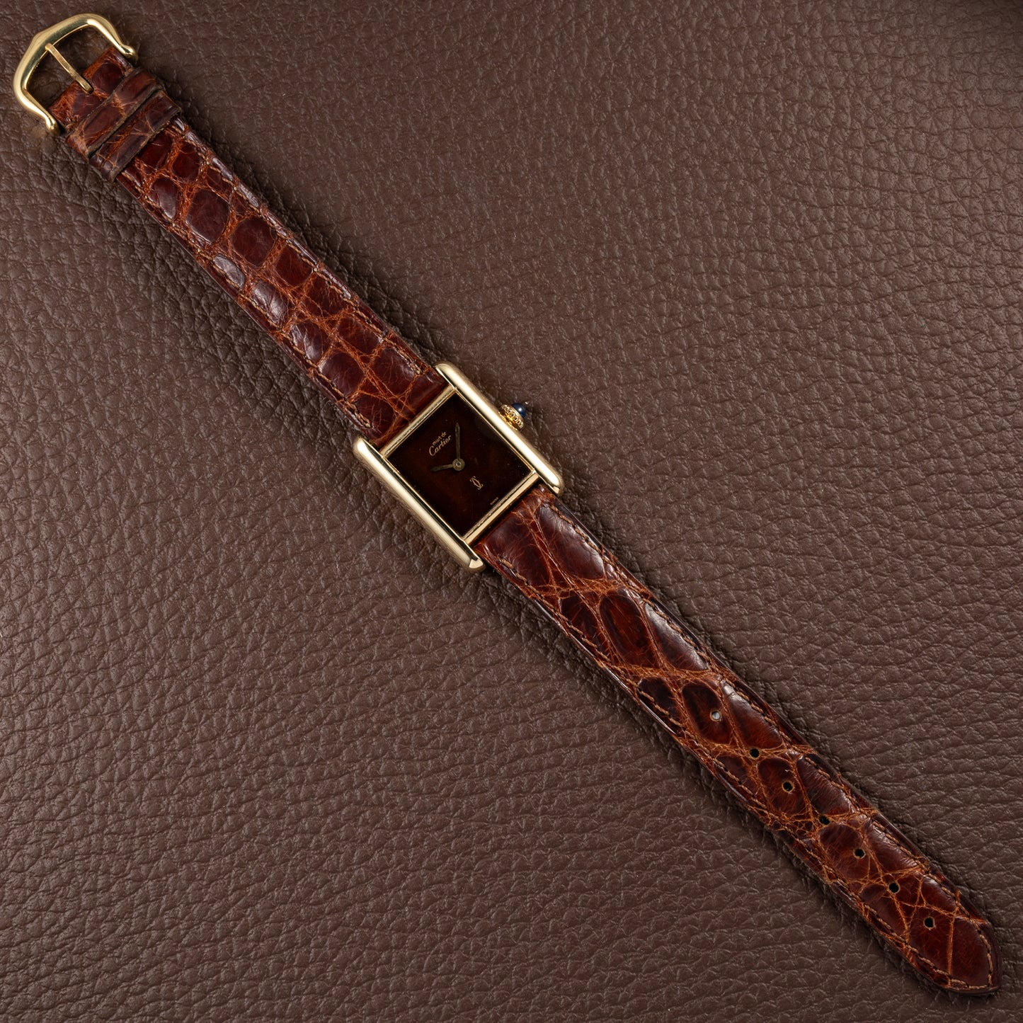 Cartier Tank Must de ‘Turtle Shell’ Brown Wood Dial Vermeil PM from 1980s