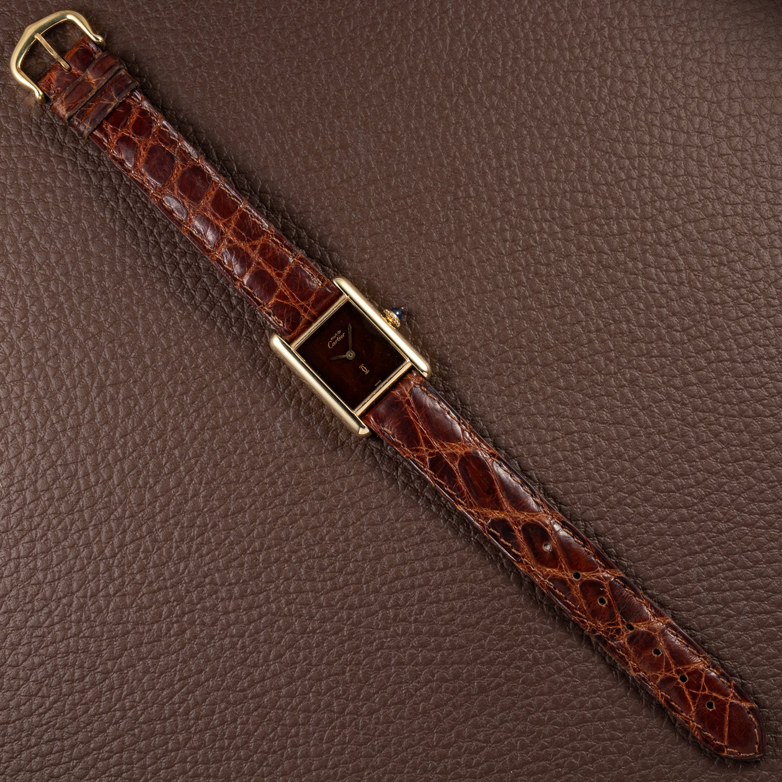 Cartier Tank Must de ‘Turtle Shell’ Brown Wood Dial Vermeil PM from 1980s