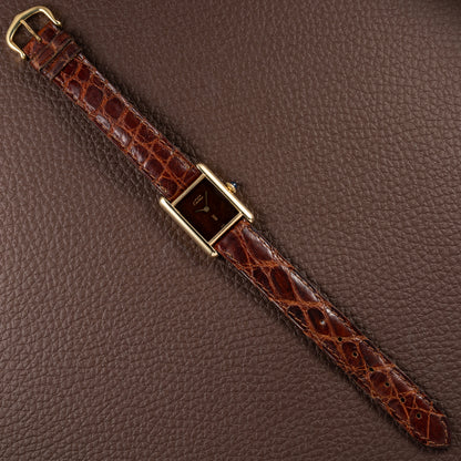 Cartier Tank Must de ‘Turtle Shell’ Brown Wood Dial Vermeil PM from 1980s