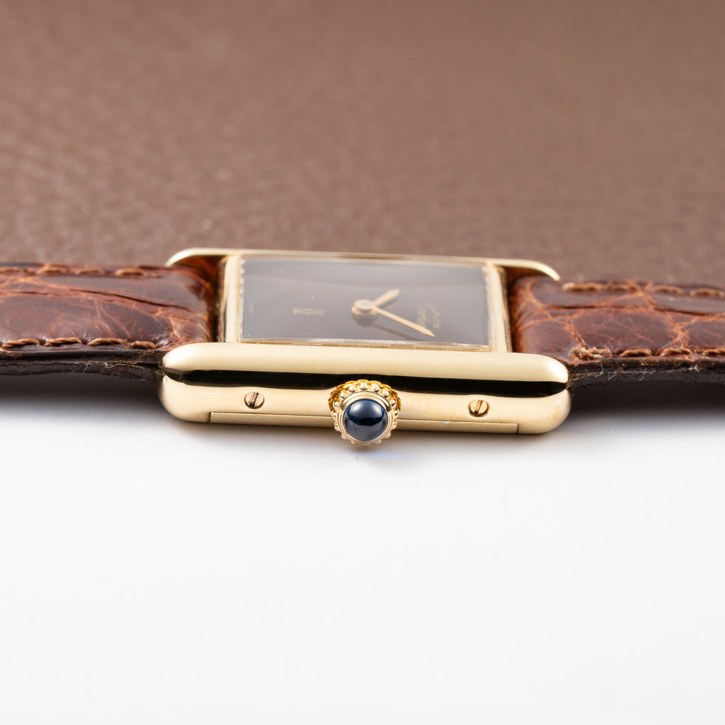 Cartier Tank Must de ‘Turtle Shell’ Brown Wood Dial Vermeil PM from 1980s
