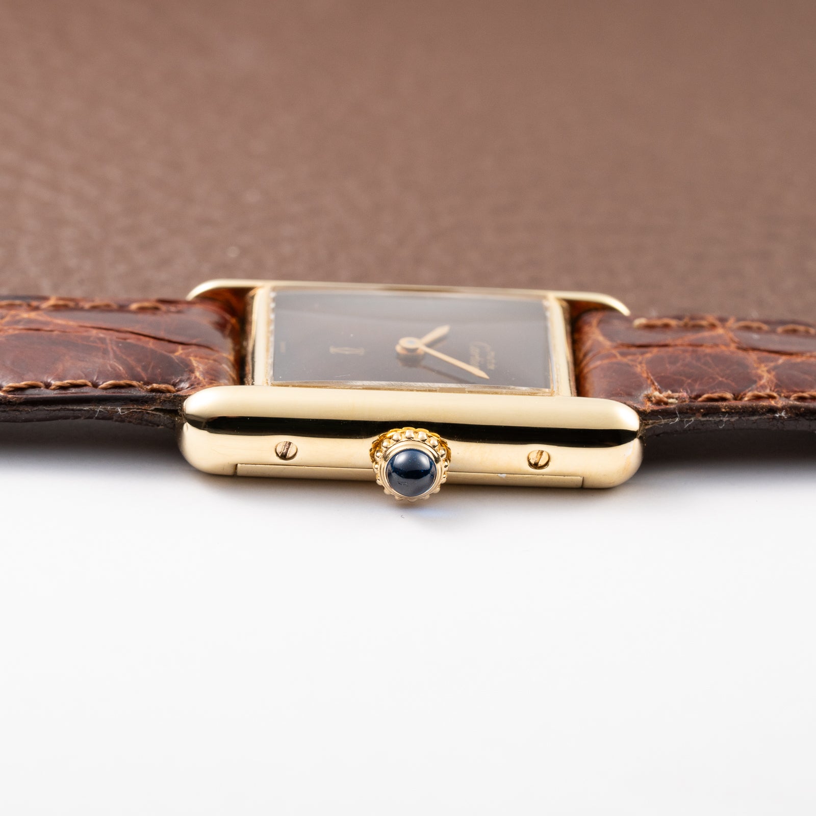 Cartier Tank Must de ‘Turtle Shell’ Brown Wood Dial Vermeil PM from 1980s
