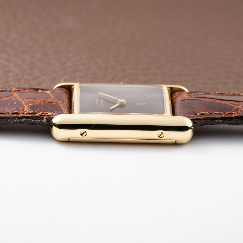 Cartier Tank Must de ‘Turtle Shell’ Brown Wood Dial Vermeil PM from 1980s