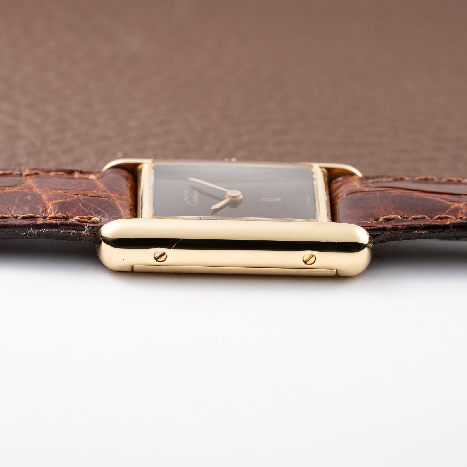 Cartier Tank Must de ‘Turtle Shell’ Brown Wood Dial Vermeil PM from 1980s