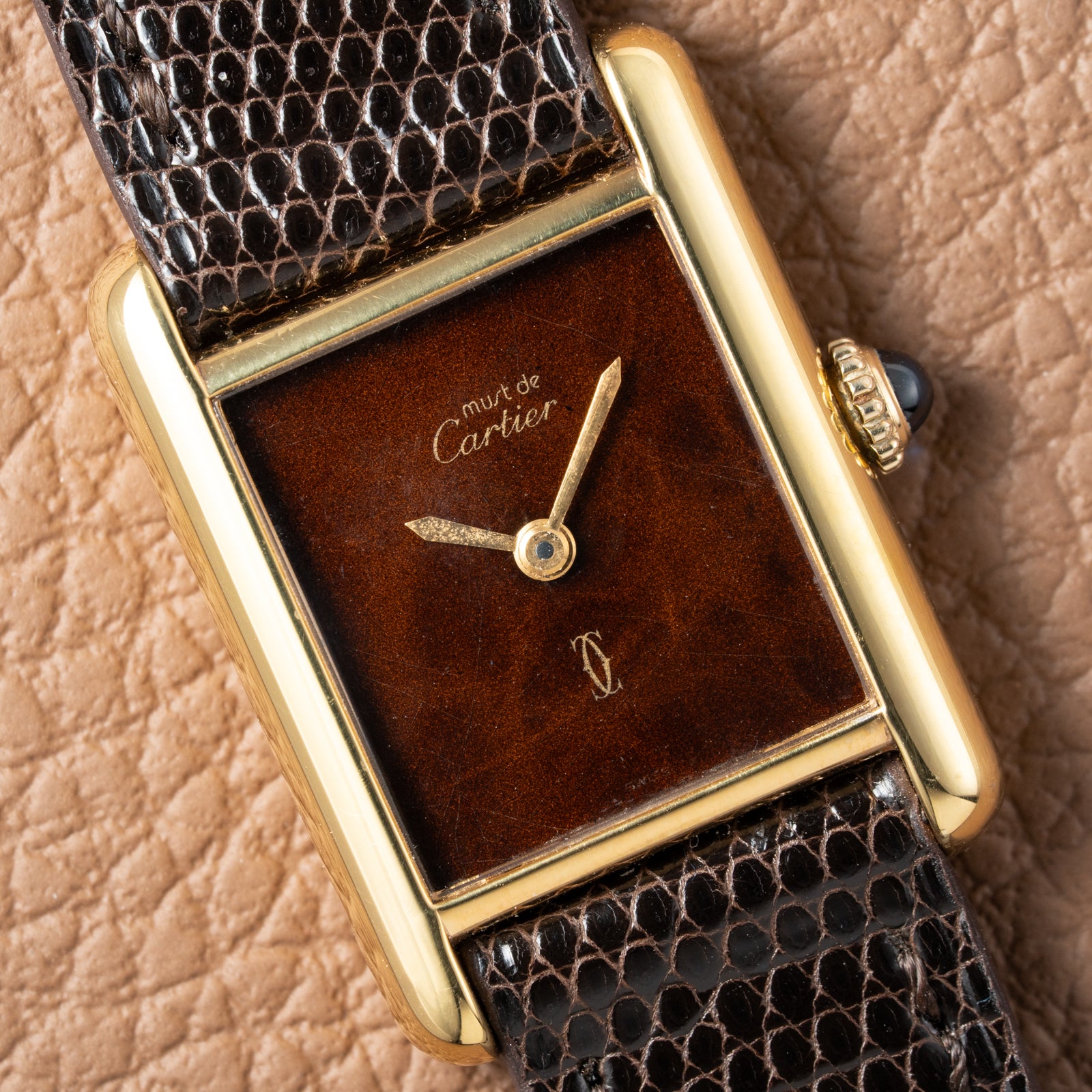 Cartier Tank Must de Vermeil ‘Turtle Shell’ Brown Wood Dial PM 1980s