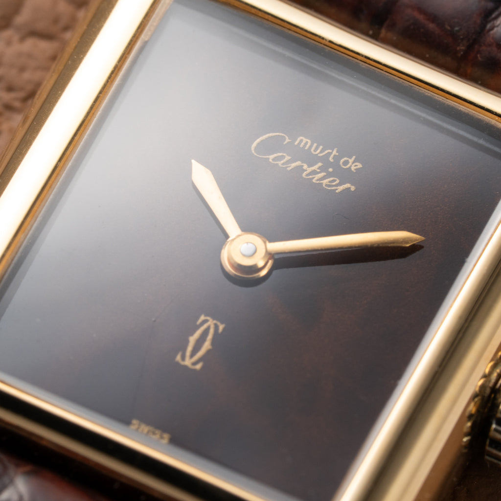 Cartier Tank Must de Vermeil ‘Turtle Shell’ Brown Wood Dial PM from 1980s