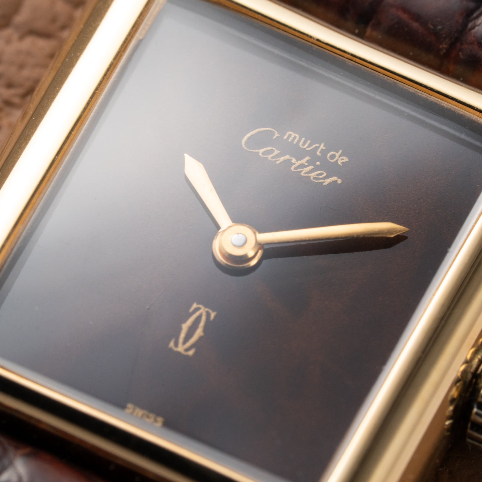 Cartier Tank Must de Vermeil ‘Turtle Shell’ Brown Wood Dial PM from 1980s