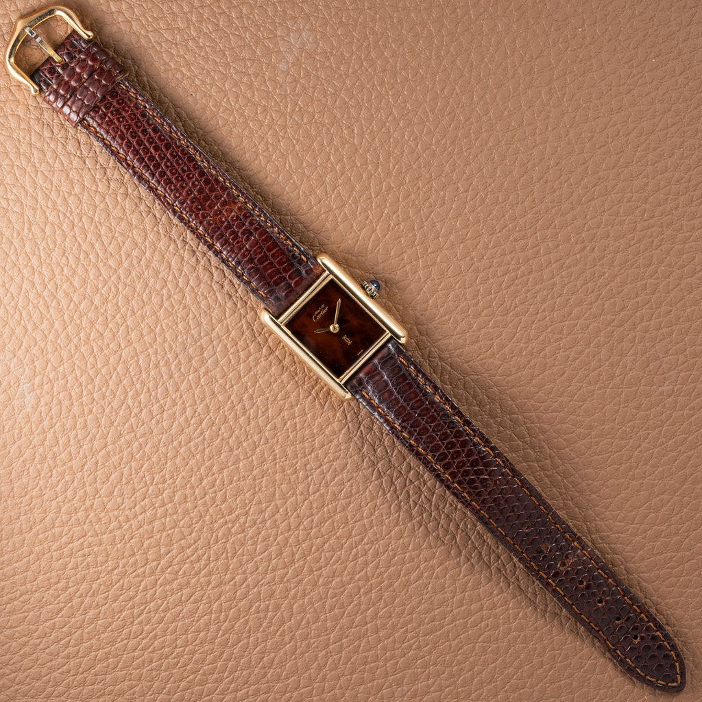 Cartier Tank Must de Vermeil ‘Turtle Shell’ Brown Wood Dial PM from 1980s
