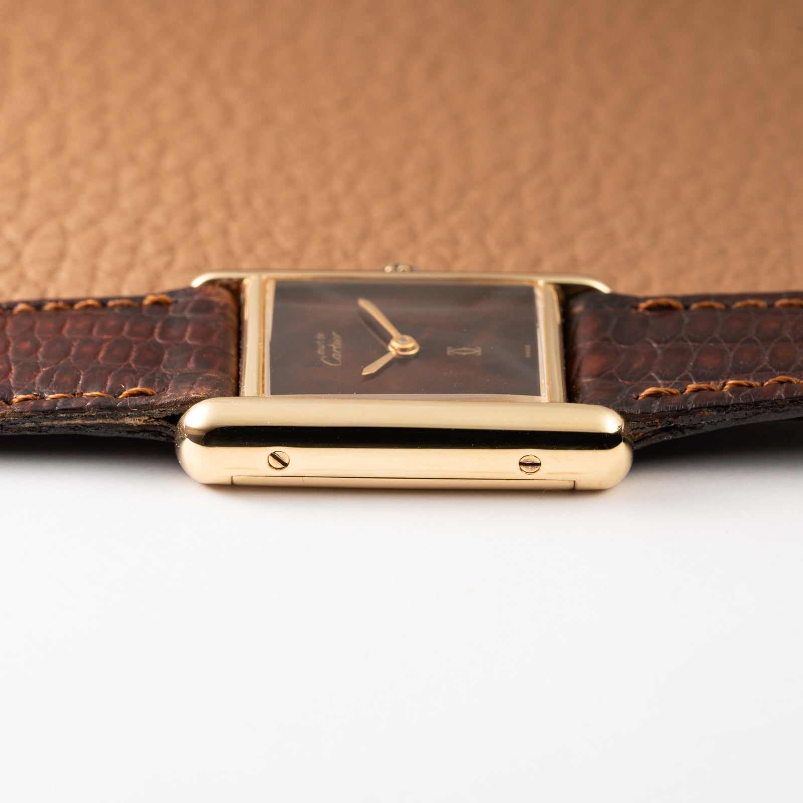 Cartier Tank Must de Vermeil ‘Turtle Shell’ Brown Wood Dial PM from 1980s