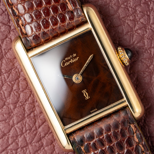 Cartier Tank Must de Vermeil ‘Turtle Shell’ Brown Wood Dial PM from 1980s