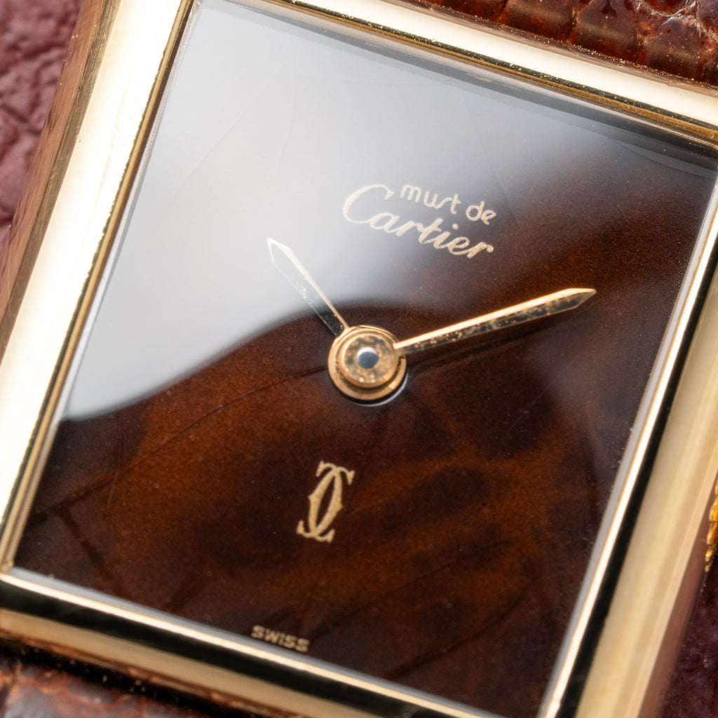 Cartier Tank Must de Vermeil ‘Turtle Shell’ Brown Wood Dial PM from 1980s