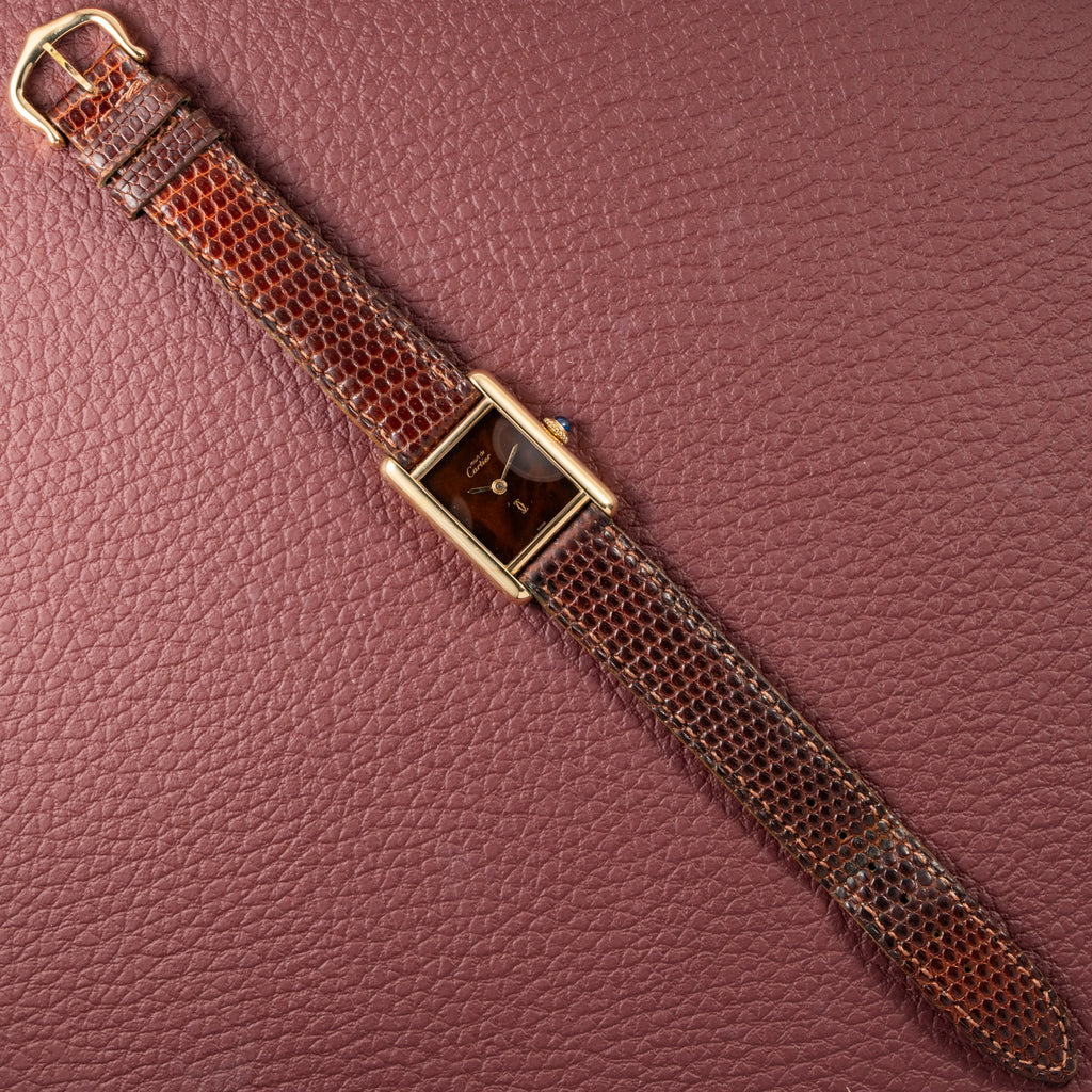 Cartier Tank Must de Vermeil ‘Turtle Shell’ Brown Wood Dial PM from 1980s