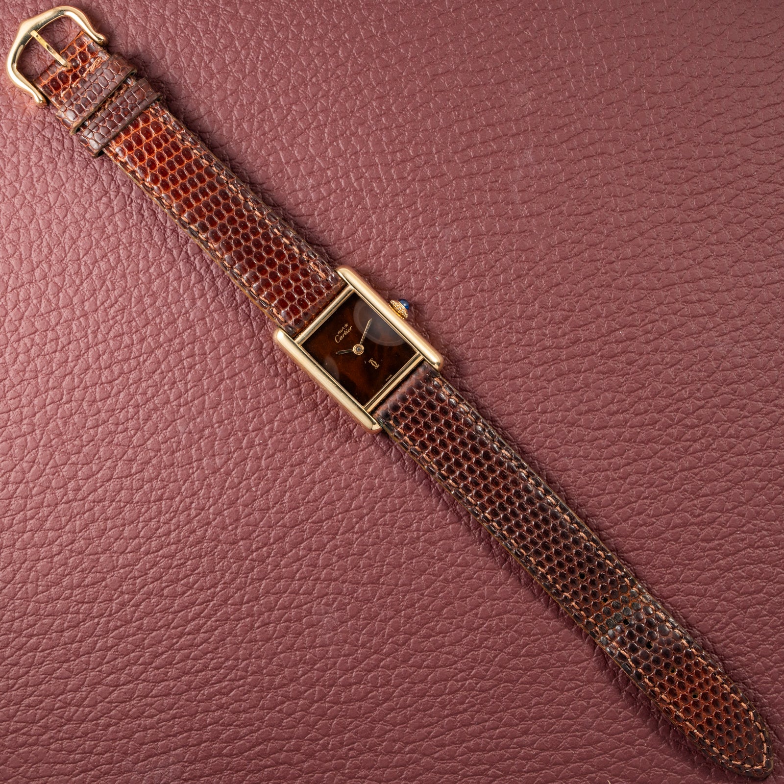 Cartier Tank Must de Vermeil ‘Turtle Shell’ Brown Wood Dial PM from 1980s