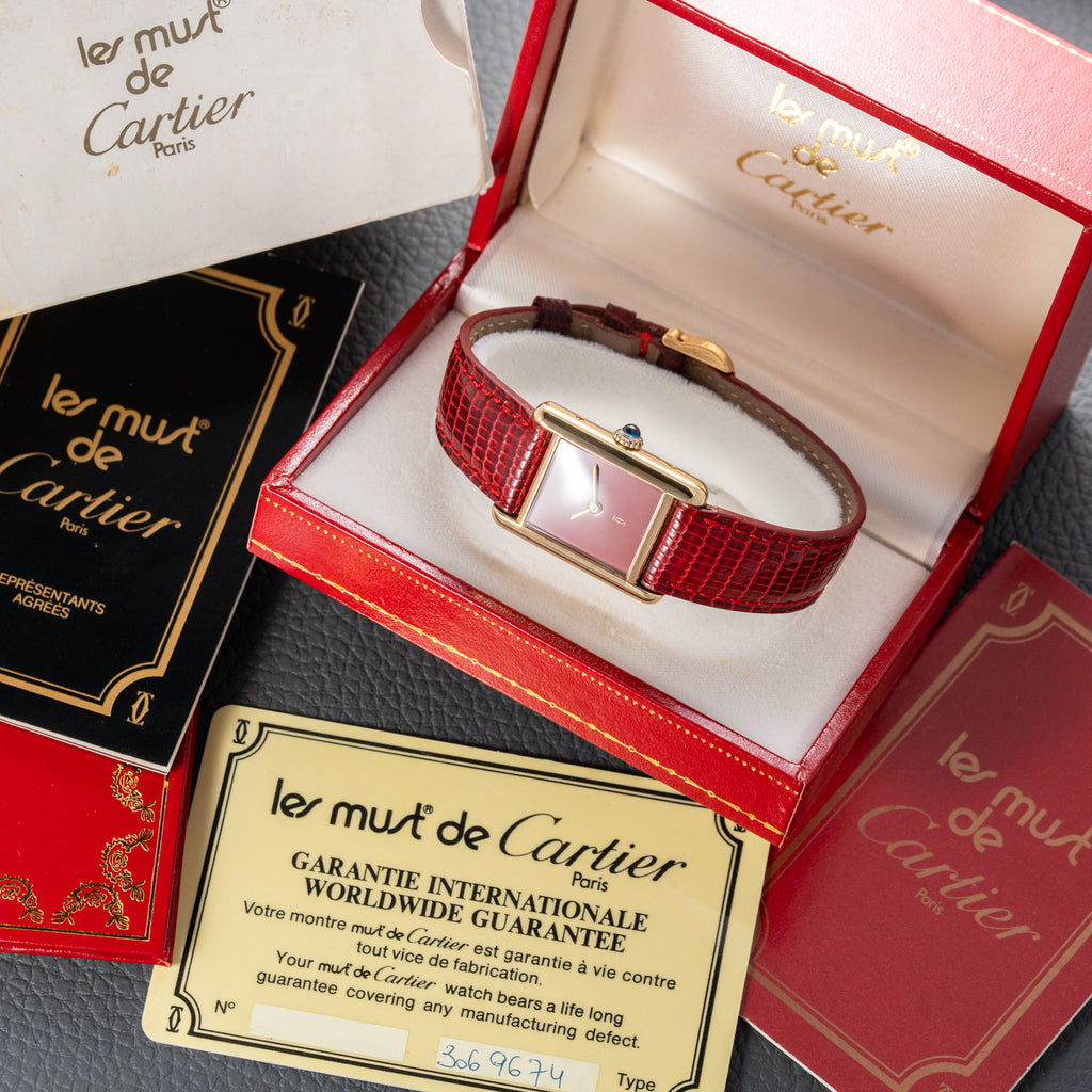Cartier Must de Tank Vermeil Burgundy Red Dial PM 1979 Full Set