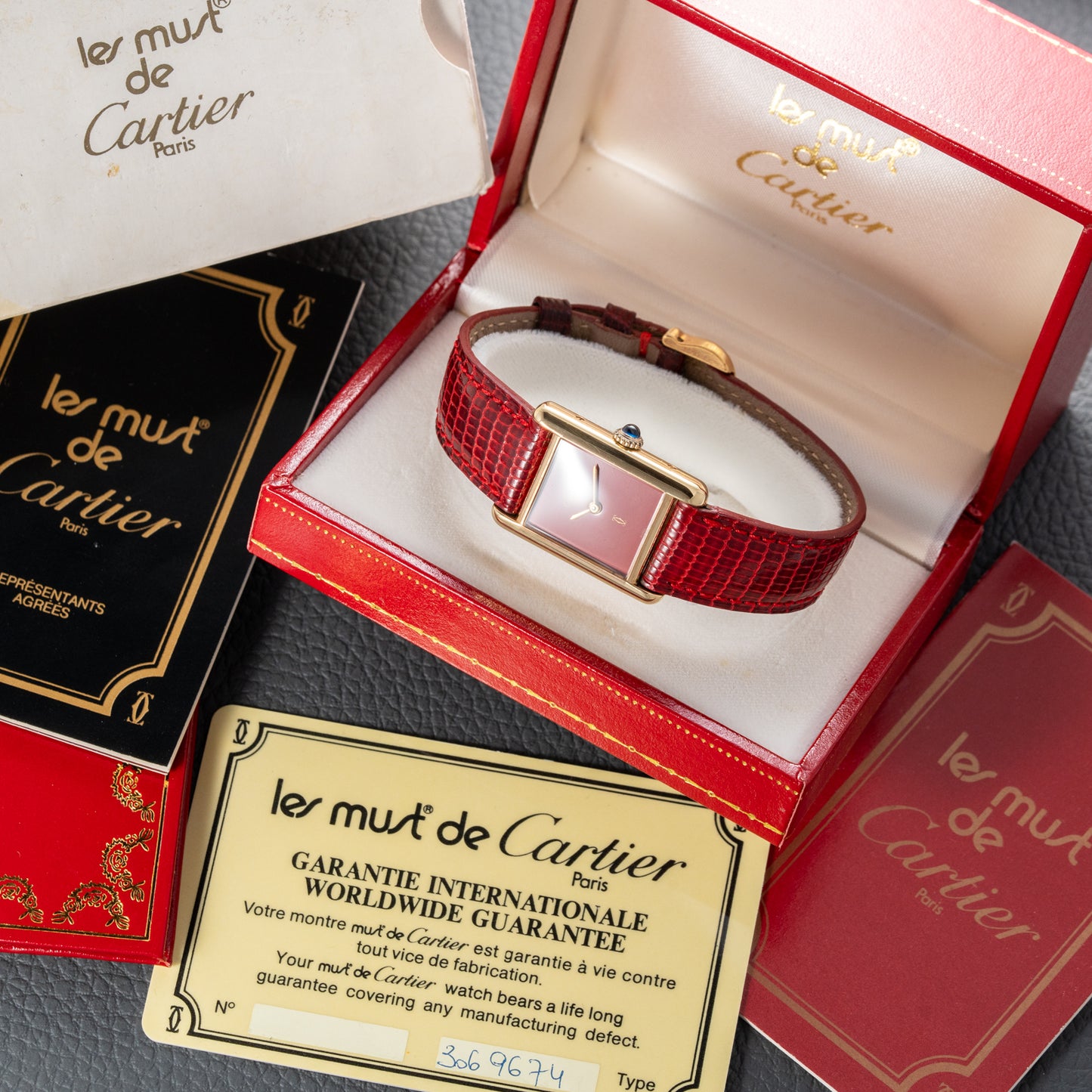 Cartier Must de Tank Vermeil Burgundy Red Dial PM 1979 Full Set