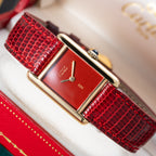 Cartier Must de Tank Vermeil Burgundy Red Dial PM 1979 Full Set
