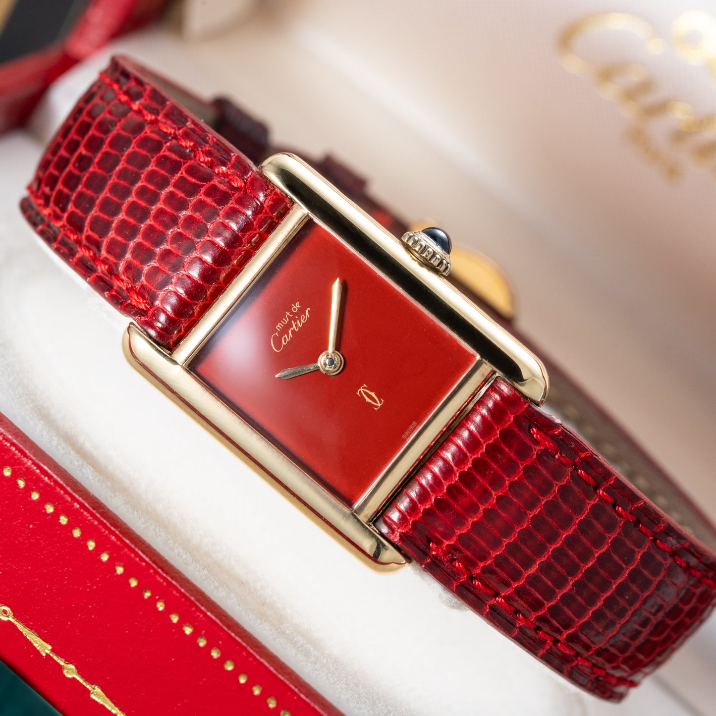 Cartier Must de Tank Vermeil Burgundy Red Dial PM 1979 Full Set