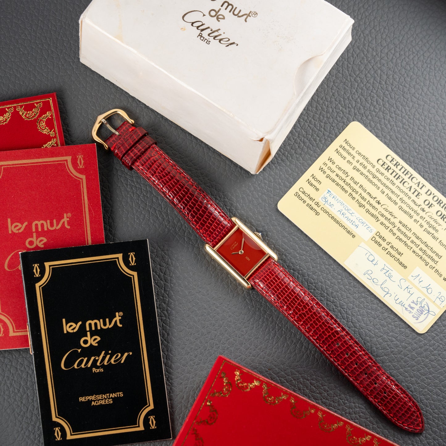 Cartier Must de Tank Vermeil Burgundy Red Dial PM 1979 Full Set
