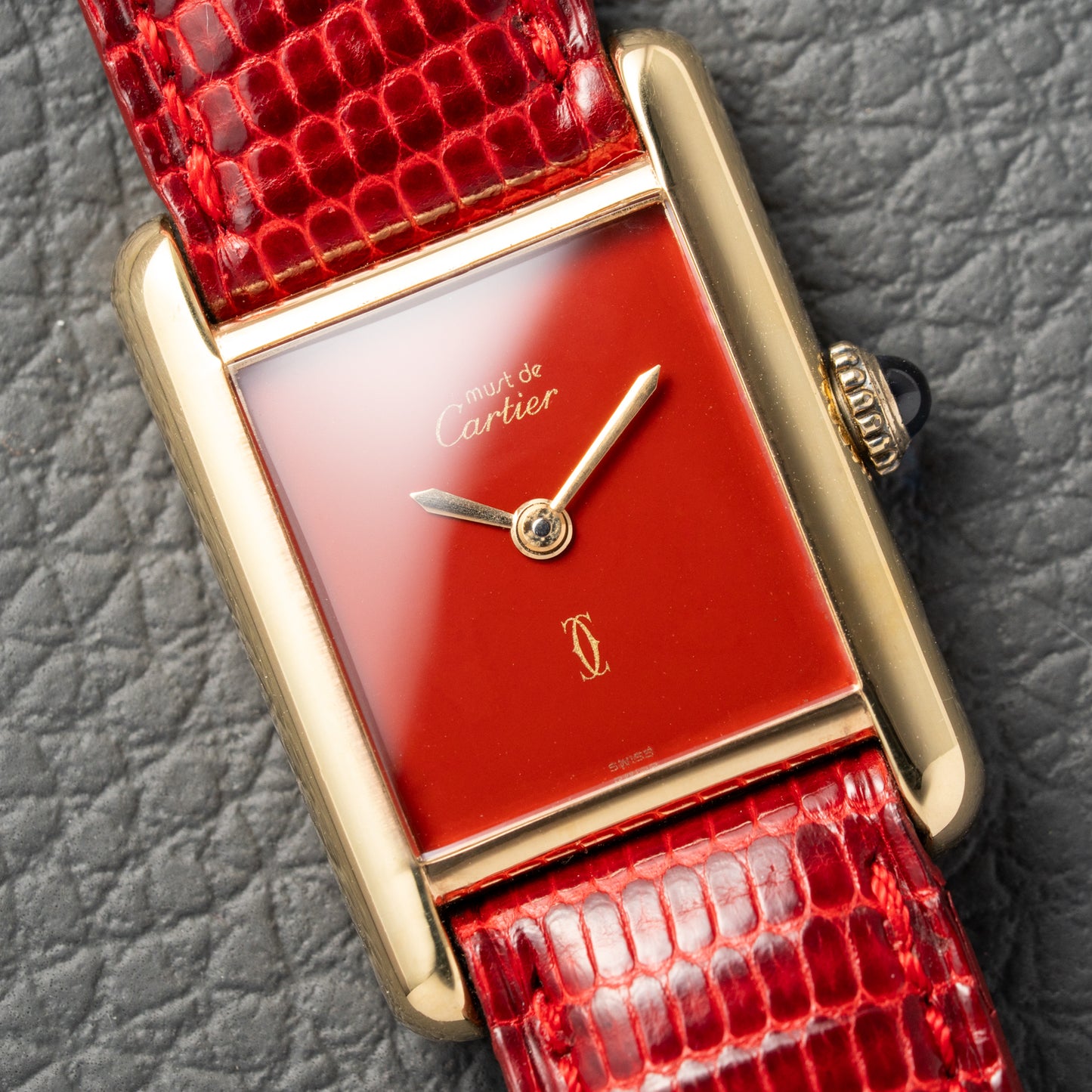 Cartier Must de Tank Vermeil Burgundy Red Dial PM 1979 Full Set