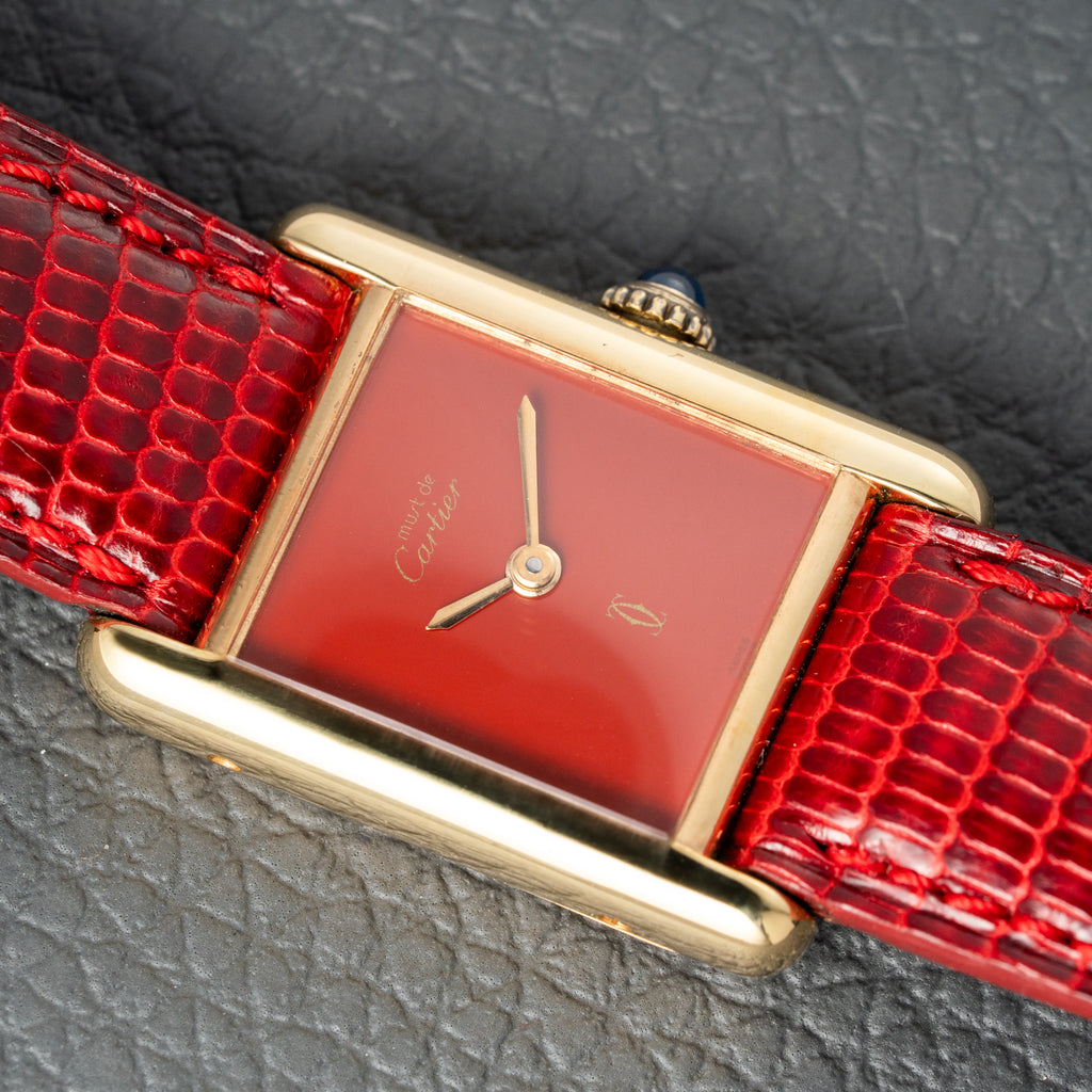 Cartier Must de Tank Vermeil Burgundy Red Dial PM 1979 Full Set