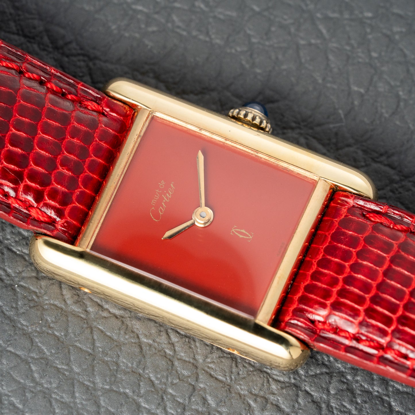 Cartier Must de Tank Vermeil Burgundy Red Dial PM 1979 Full Set