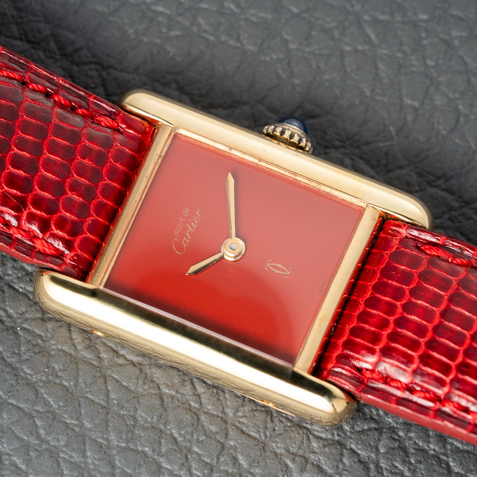 Cartier Must de Tank Vermeil Burgundy Red Dial PM 1979 Full Set