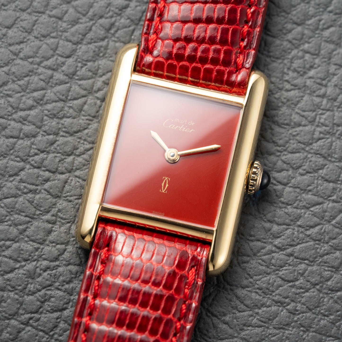Cartier Must de Tank Vermeil Burgundy Red Dial PM 1979 Full Set