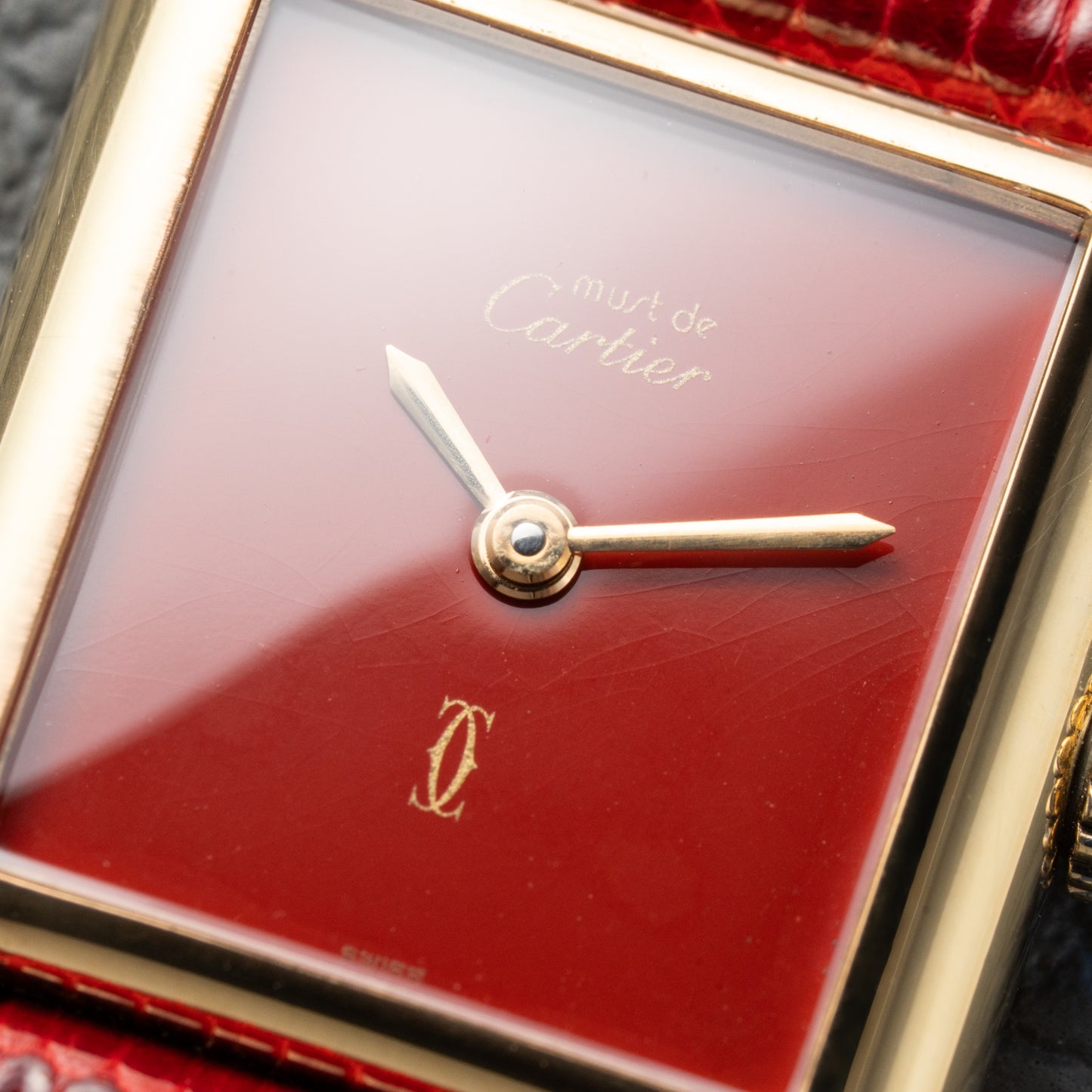 Cartier Must de Tank Vermeil Burgundy Red Dial PM 1979 Full Set