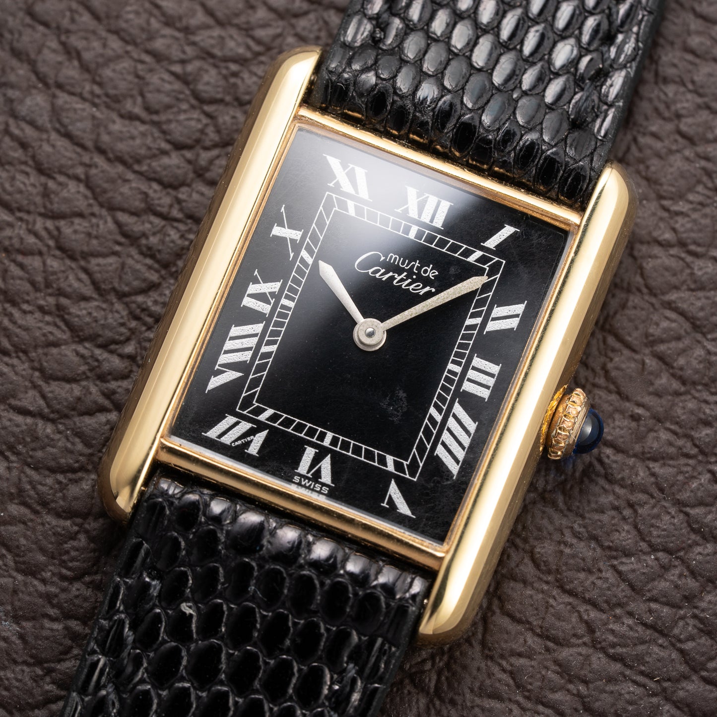 Cartier Tank Must de Black Roman Vermeil GM from 1980s