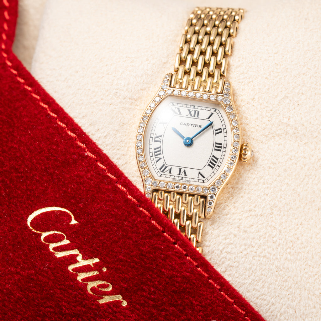 Cartier Tortue Factory Diamond Set 18K Yellow Gold Riz de Grain bracelet PM Quartz Ref 66017 from 1980s