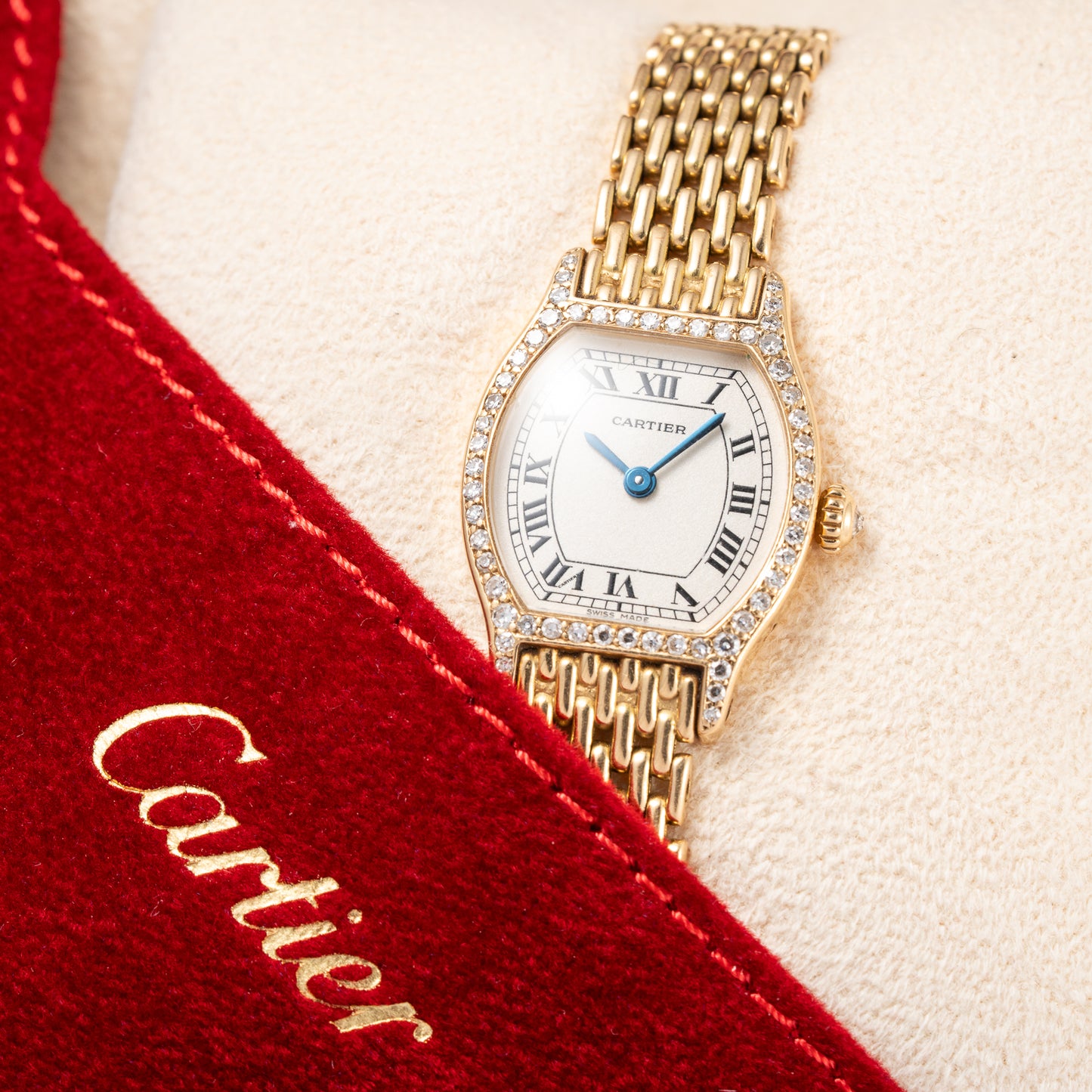 Cartier Tortue Factory Diamond Set 18K Yellow Gold Riz de Grain bracelet PM Quartz Ref 66017 from 1980s