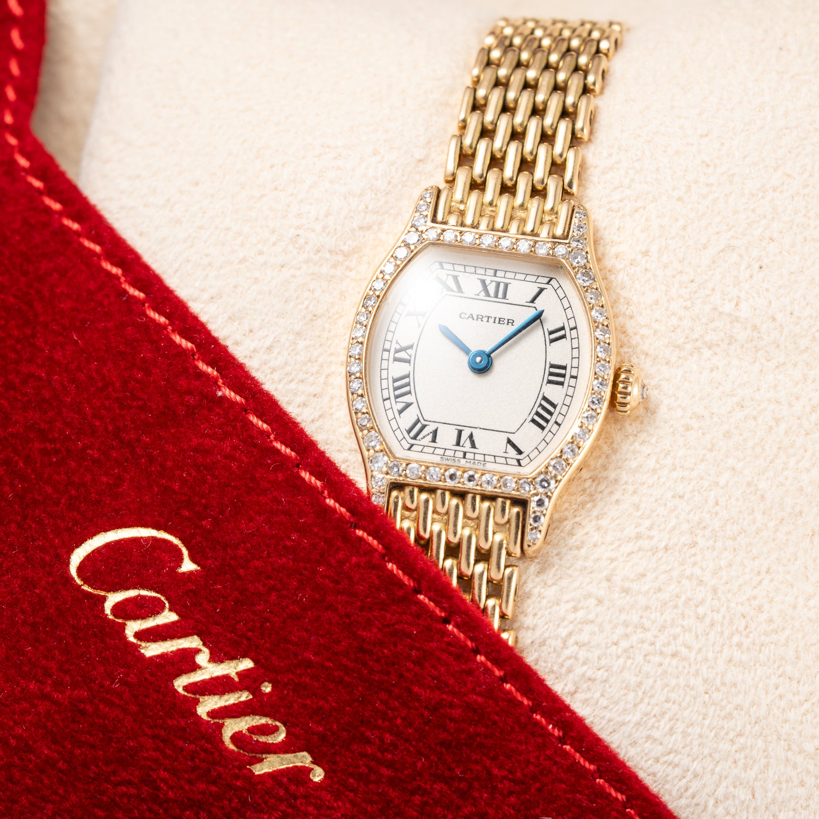 Cartier Tortue Factory Diamond Set 18K Yellow Gold Riz de Grain bracelet PM Quartz Ref 66017 from 1980s