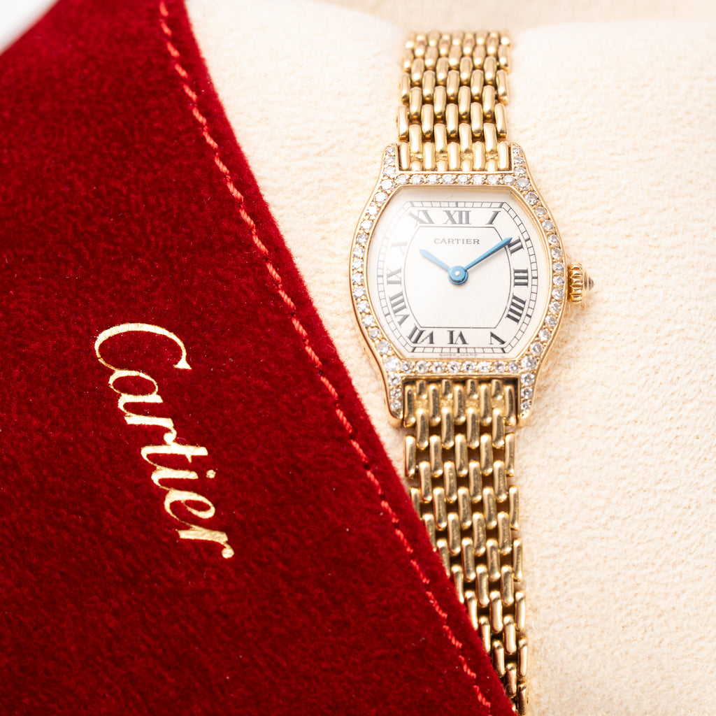 Cartier Tortue Factory Diamond Set 18K Yellow Gold Riz de Grain bracelet PM Quartz Ref 66017 from 1980s