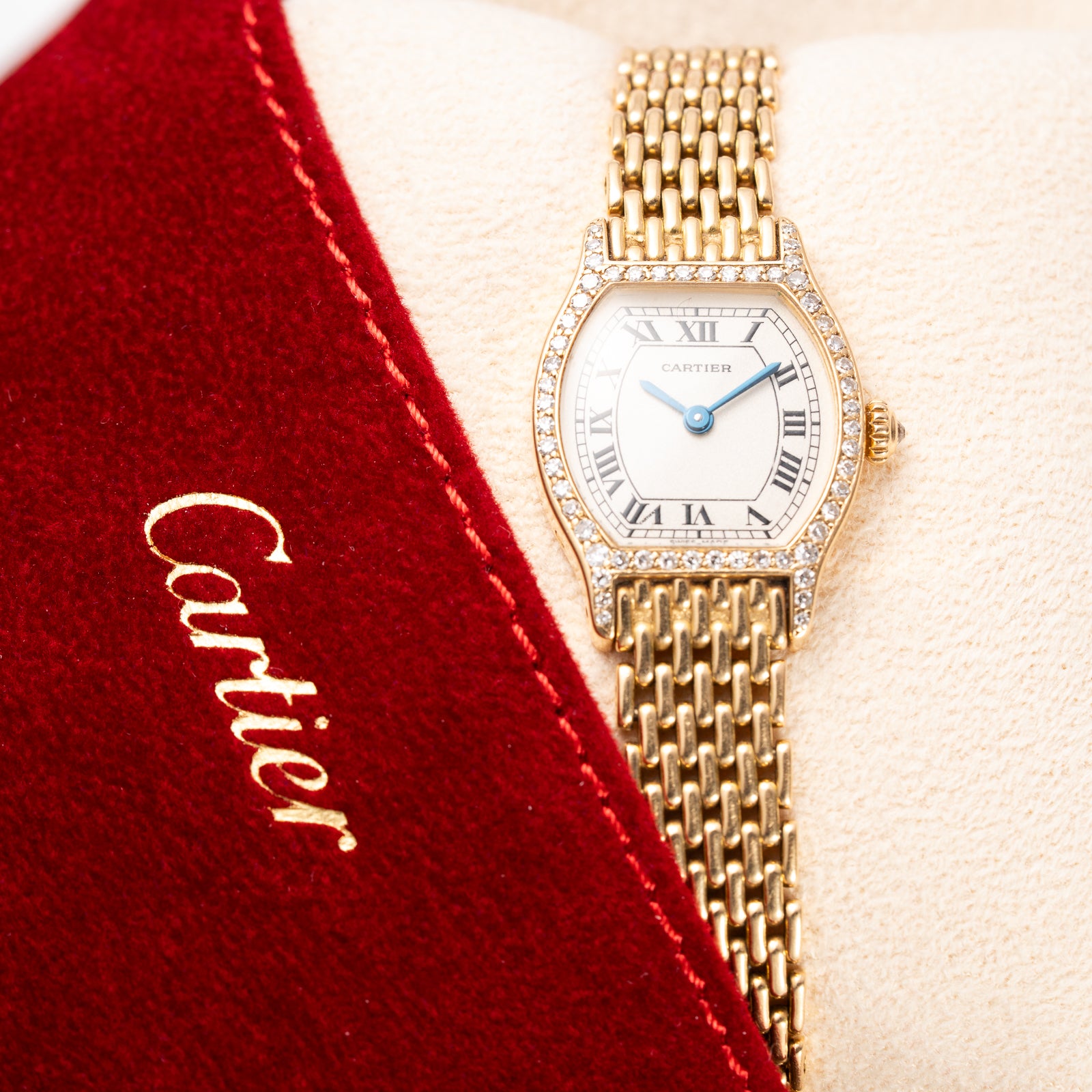 Cartier Tortue Factory Diamond Set 18K Yellow Gold Riz de Grain bracelet PM Quartz Ref 66017 from 1980s