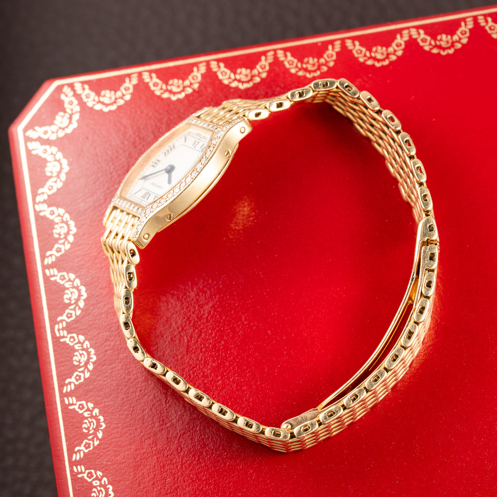 Cartier Tortue Factory Diamond Set 18K Yellow Gold Riz de Grain bracelet PM Quartz Ref 66017 from 1980s
