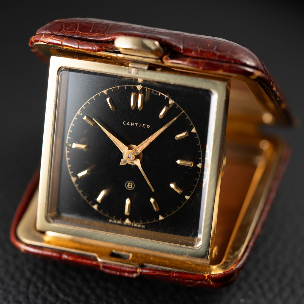Cartier Travel Alarm Clock 8 Day Black Gilt Dial by Angelus