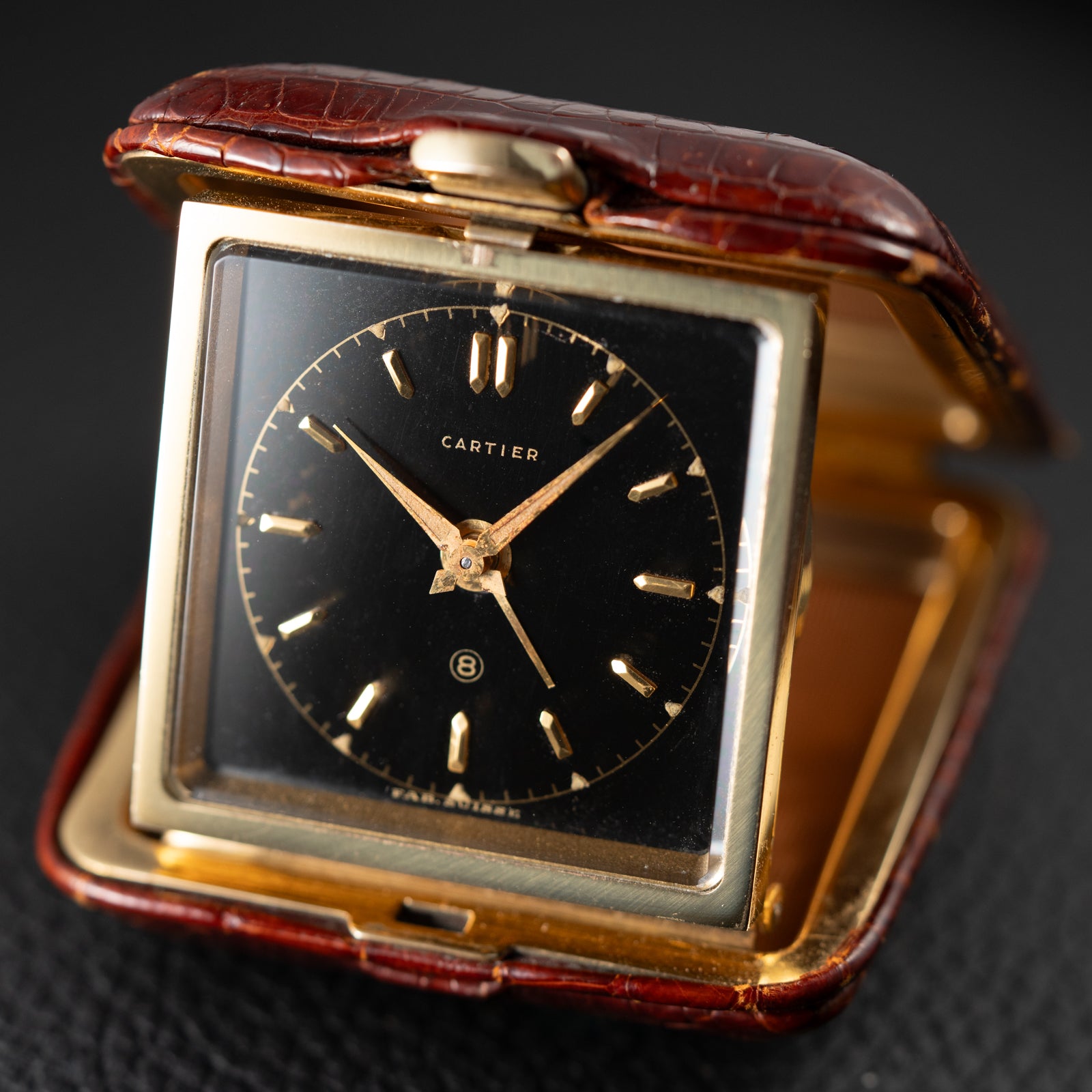 Cartier Travel Alarm Clock 8 Day Black Gilt Dial by Angelus